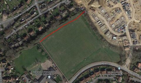 Aerial view of where the footpath will go across Harlands Playing fields