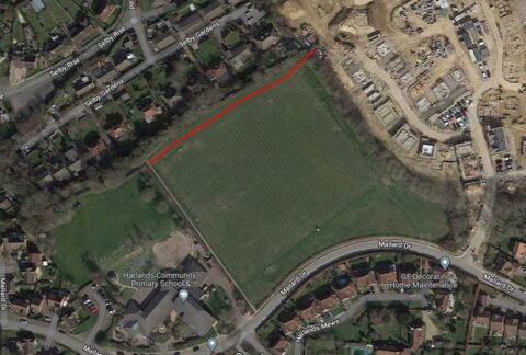 Aerial view of where the footpath will go across Harlands Playing fields